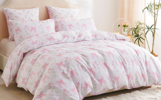 Floral Duvet Cover Full Pink Bow Bedding 3 Piece Set