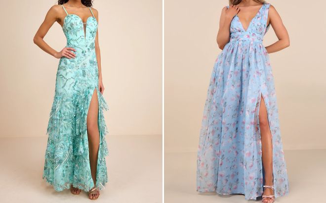 Lulus Sequin Embroidered Tiered Maxi Dress and Organza Maxi Dress