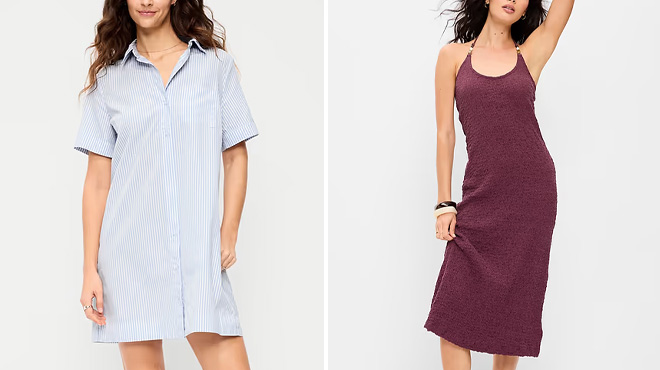 Old Navy Button Down Mini Shirt Dress and Beaded Halter Neck Textured Midi Dress Old Navy Button Down Mini Shirt Dress and Beaded Halter Neck Textured Midi Dress