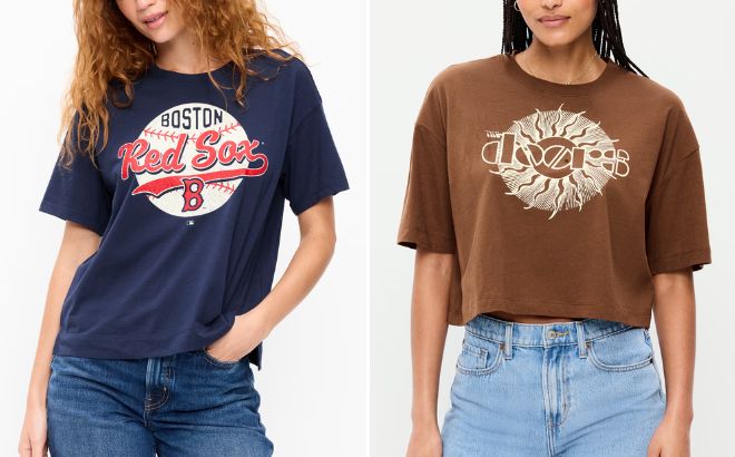 Old Navy Womens Boston Red Sox Crew Neck T Shirt and The Doors Crew Neck Oversized Crop T Shirt