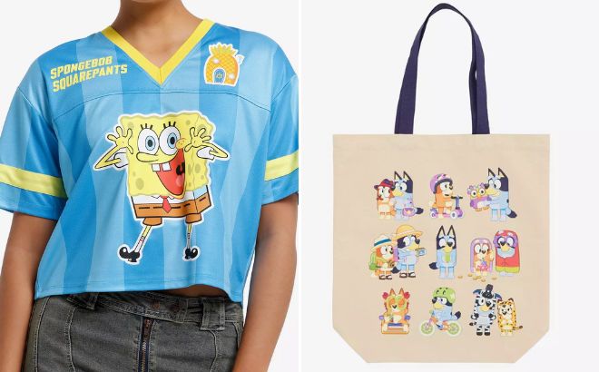 SpongeBob SquarePants Girls Crop Soccer Jersey and Bluey Bingo Playtime Tote Bag SpongeBob SquarePants Girls Crop Soccer Jersey and Bluey Bingo Playtime Tote Bag