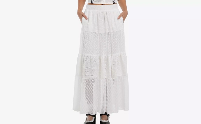 Thorn Fable White Eyelet and Lace Tiered Midi Skirt Thorn Fable White Eyelet and Lace Tiered Midi Skirt