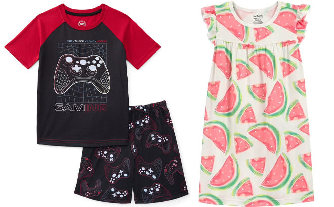 Wonder Nation Boys Tee and Shorts Pajama Set and Carters Child of Mine Toddler Girl Pajama Gown