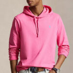 A Person Wearing Polo Ralph Lauren Mens Jersey Hooded T Shirt in Baja Pink