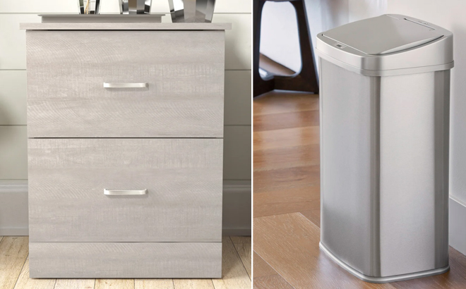 Allyannah 2 Drawer Nightstand and Nine Stars Stainless Steel Motion Sensor Trash Can Allyannah 2 Drawer Nightstand and Nine Stars Stainless Steel Motion Sensor Trash Can