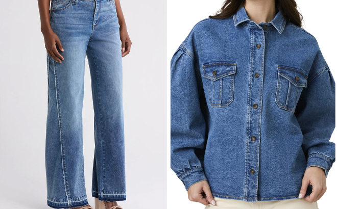 Democracy Wide Leg Paneled Raw Hem Jeans and French Connection Penelope Puff Sleeve Denim Shirt Jacket Democracy Wide Leg Paneled Raw Hem Jeans and French Connection Penelope Puff Sleeve Denim Shirt Jacket