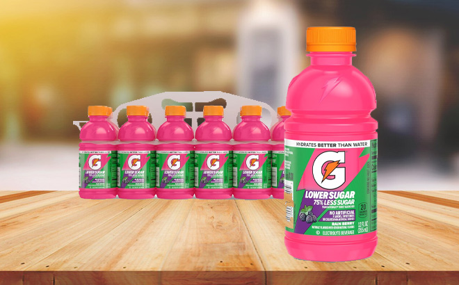 Gatorade Lower Sugar Sports Drink 12 Pack in Rain Berry on the Table