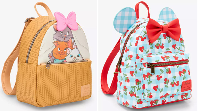 Loungefly Disney The Aristocats Kitten Basket Mini Backpack and Disney Minnie Mouse Gingham Cherry Mini Backpack