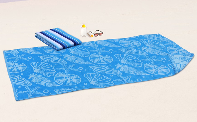 Mainstays Cotton Beach Towels in Blue Shells Stripes Mainstays Cotton Beach Towels in Blue Shells Stripes