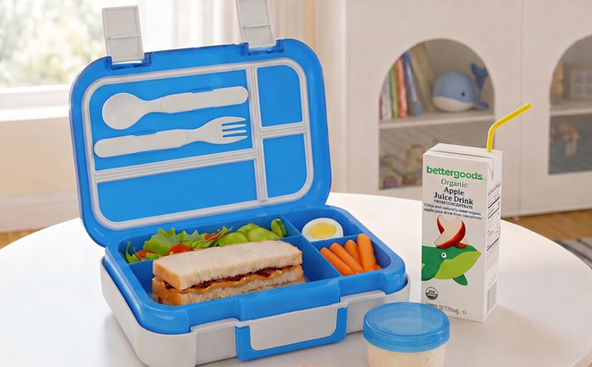 Mainstays Kids 4 Compartment Plastic Bento Box in Blue Color Mainstays Kids 4 Compartment Plastic Bento Box in Blue Color
