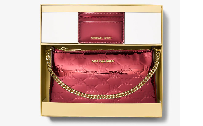 Michael Kors Jet Set Medium Metallic Logo Debossed Pochette and Card Case Set Michael Kors Jet Set Medium Metallic Logo Debossed Pochette and Card Case Set
