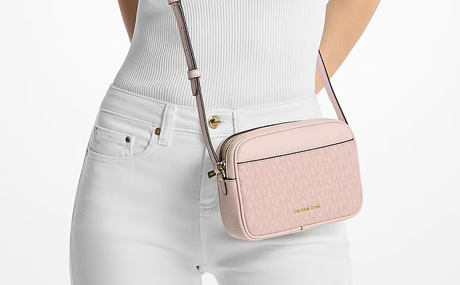 Michael Kors Jet Set Small Signature Logo Camera Crossbody Bag in Powder Blush