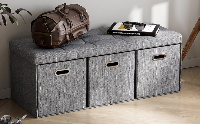 Ornavo Home Foldable Storage Long Bench Ottoman with 3 Drawers