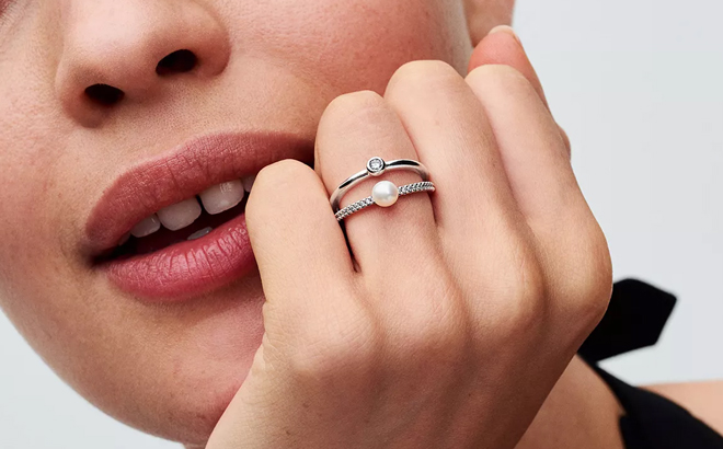 Pandora Sterling Silver Pearl Pave Double Band Ring Pandora Sterling Silver Pearl Pave Double Band Ring