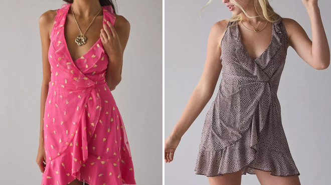 Urban Outfitters Wrapped In You Plunging Ruffle Mesh Mini Dress