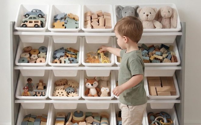 A Boy Putting Away Toys in the Humble Crew Kids Toy Organizer with 16 Bins A Boy Putting Away Toys in the Humble Crew Kids Toy Organizer with 16 Bins