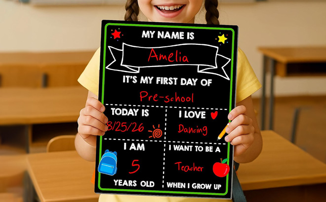 A Kid Holds School Writing Board