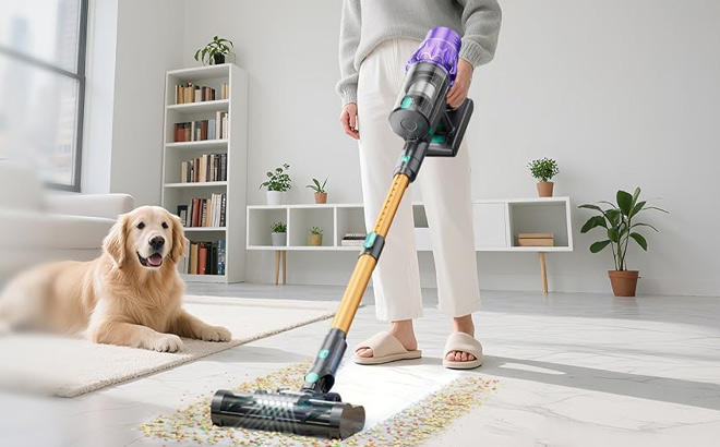 A Person Holding Cordless Vacuum Cleaner A Person Holding Cordless Vacuum Cleaner