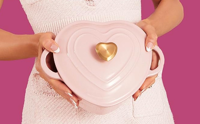 A Person Holding Paris Hilton Enameled Cast Iron Dutch Oven Pot with Lid A Person Holding Paris Hilton Enameled Cast Iron Dutch Oven Pot with Lid
