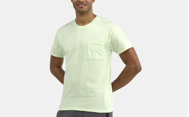 A Person Wearing Athletic Works Mens Cotton Pocket Tee in Lime Glow