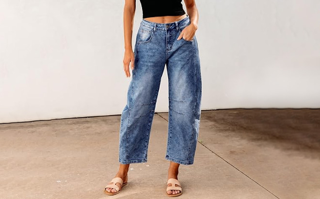 A Person Wearing Grapent Barrel Womens High Waisted Baggy Jeans