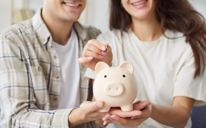 A Smiling Couple Holding a Piggy Bank and Dropping a Coin Into It A Smiling Couple Holding a Piggy Bank and Dropping a Coin Into It