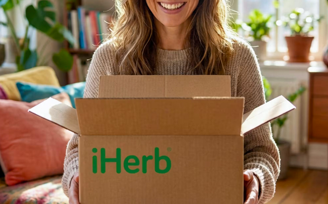 A Woman Holding an iHerb Box A Woman Holding an iHerb Box