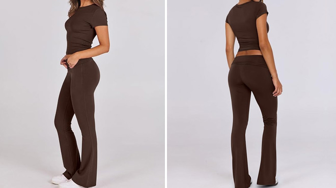 A Woman Wearing ANRABESS 2 Piece Lounge Set in Brown