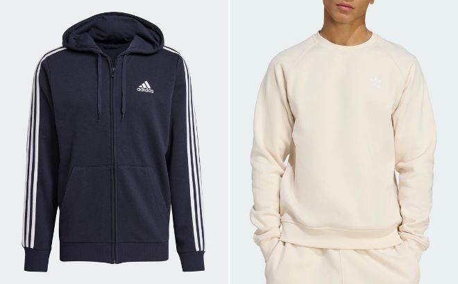 Adidas Mens Essentials French Terry 3 Stripes Full Zip Hoodie and Mens Trefoil Essentials Crew Sweatshirt Adidas Mens Essentials French Terry 3 Stripes Full Zip Hoodie and Mens Trefoil Essentials Crew Sweatshirt