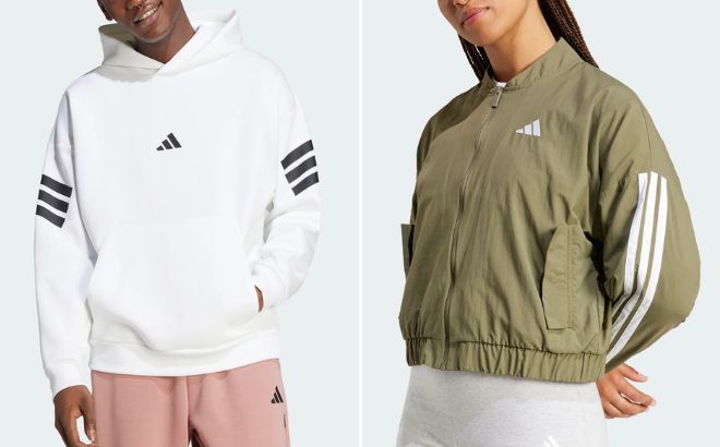 Adidas Mens Future Icons 3 Stripes Hoodie and Womens Essentials 3 Stripes Lifestyle Woven Bomber Jacket