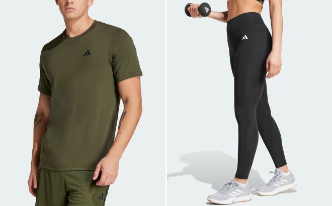 Adidas Mens Train Essentials Feelready Training Tee and Womens Optime Essentials Stash Pocket Full Length Leggings Adidas Mens Train Essentials Feelready Training Tee and Womens Optime Essentials Stash Pocket Full Length Leggings