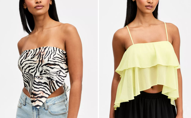 Bar III Womens Zebra Print Strapless Tie Back Scarf Top and High Low Hem Tiered Chiffon Tank Top Bar III Womens Zebra Print Strapless Tie Back Scarf Top and High Low Hem Tiered Chiffon Tank Top