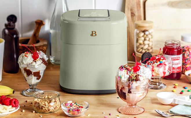 Beautiful by Drew Barrymore 1 5 Quart Ice Cream Maker on the Table
