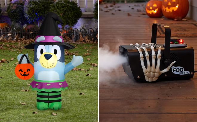 Bluey 3 ft Lighted Bluey Witch Halloween Inflatable and Haunted Living 400 Watt Fog Machine