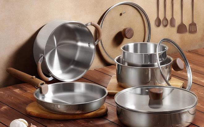CAROTE 19pcs Tri Ply Stainless Steel Cookware Set with Detachable Handles