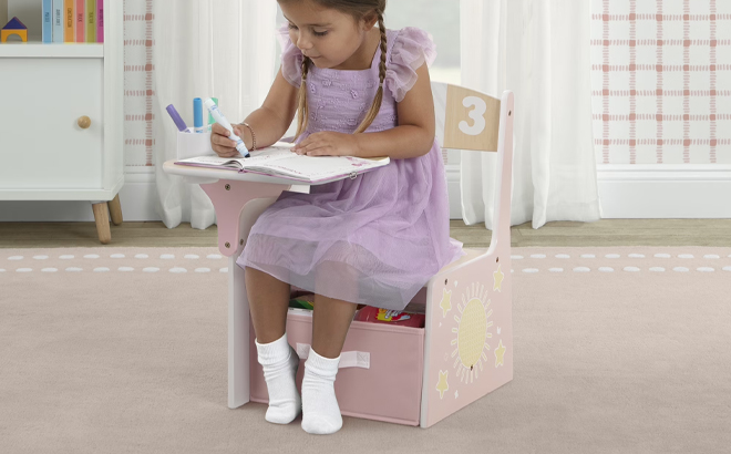 Delta Children 123 Numbers Chair Desk with Storage Bin Natural Pink
