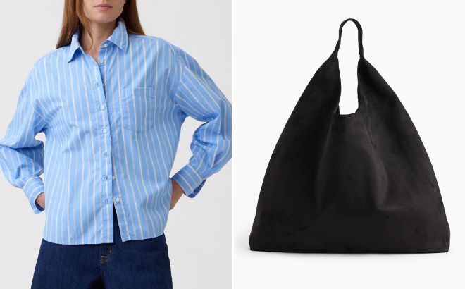 GAP Factory Oversized Shirt in Poplin and Slouchy Vegan Suede Tote Bag GAP Factory Oversized Shirt in Poplin and Slouchy Vegan Suede Tote Bag