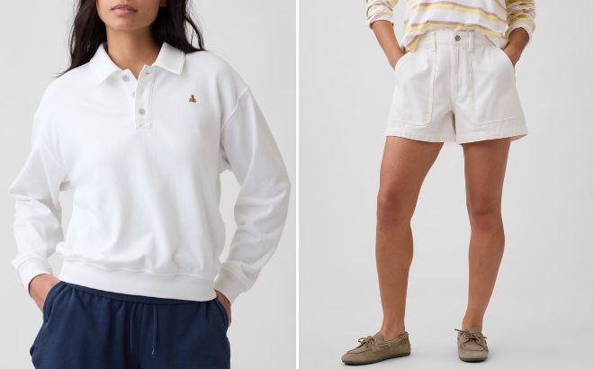 GAP Factory Relaxed Cropped Polo Sweatshirt and High Rise Soft Denim Utility Shorts GAP Factory Relaxed Cropped Polo Sweatshirt and High Rise Soft Denim Utility Shorts