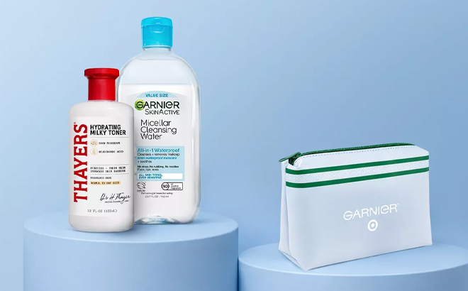Garnier SkinActive Micellar Cleansing Water and Thayers Hydrating Milky Snow Mushroom Toner and Garnier Makeup Bag