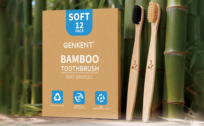 Genkent Bamboo Toothbrushes 12 Pack on the Table