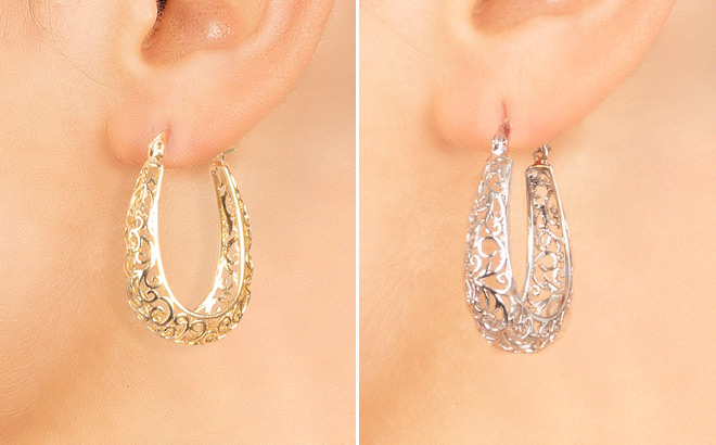 Gold Over Silver Plated Filigree Hoop Earrings