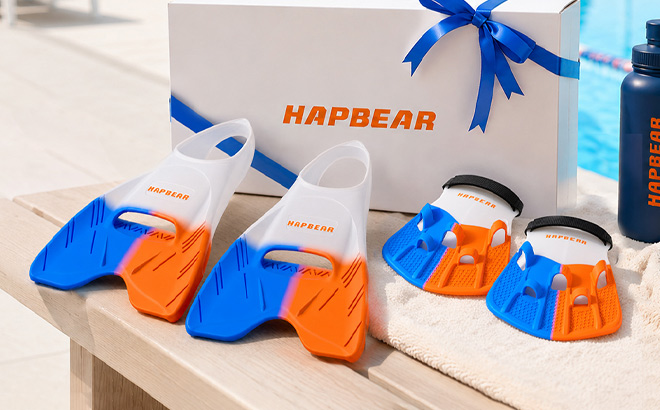 Hapbear Kids Swim Fins with Hand Paddles on the Table