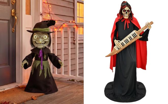 Haunted Living 3 ft Motion Activated Talking Lighted Witch Animatronic and 5 ft Lighted Reaper Band Keytar Player Motion Activated Animatronic