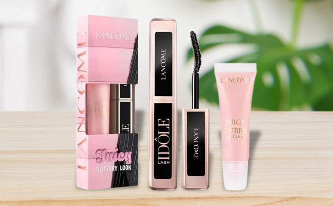 Lancome Juicy Tubes Lip Gloss Lash Idole Mascara Duo on a Table