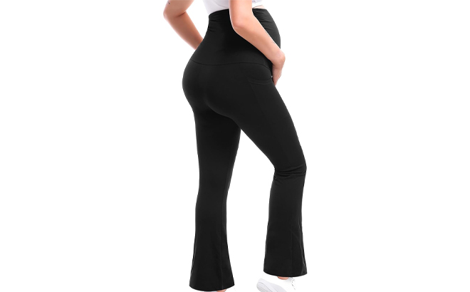 Leafigure Maternity Flare Leggings with Pockets in Black
