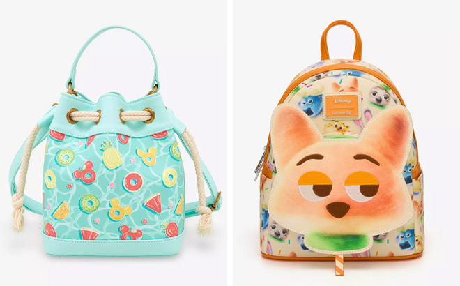 Loungefly Disney Mickey Mouse Pool Floaties Bucket Bag and Zootopia Nick Cotton Candy Mini Backpack
