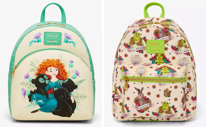 Loungefly Disney Pixar Brave Merida and Cubs Mini Backpack and Shrek Tattoo Art Mini Backpack