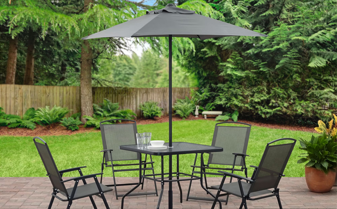 Mainstays Albany Lane 6 Piece Steel Outdoor Patio Dining Set with Umbrella Mainstays Albany Lane 6 Piece Steel Outdoor Patio Dining Set with Umbrella