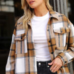 Model Wearing Flannel Shirt in Apricot