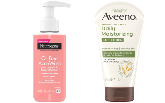 Neutrogena Oil Free Pink Grapefruit Acne Facial Cleanser and Aveeno Daily Moisturizing Face Lotion Fragrance Free